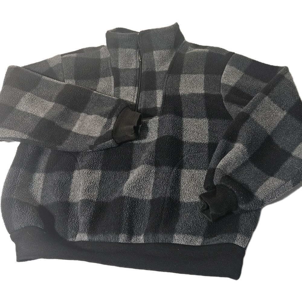 Vintage POLAR FLEECE Sherpa Jacket Malden Mills Plaid Black Gray Size M Women's